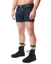 Dark blue denim quad short with frayed hem perfect for casual summer wear