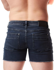Back view of quad short dark blue denim shorts with frayed hem and back pockets