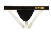 Black athletic jock strap underwear with cream side straps and gold quarter logo on waistband size l
