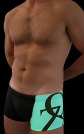 QZ Bodywear one coloured leg square cut swim trunks black and neon green with bold black graphic design size M