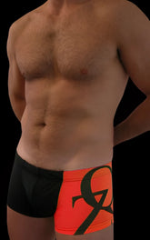 Black and neon orange boxer briefs with a bold black logo front by QZ Bodywear one coloured leg square cut trunk size M