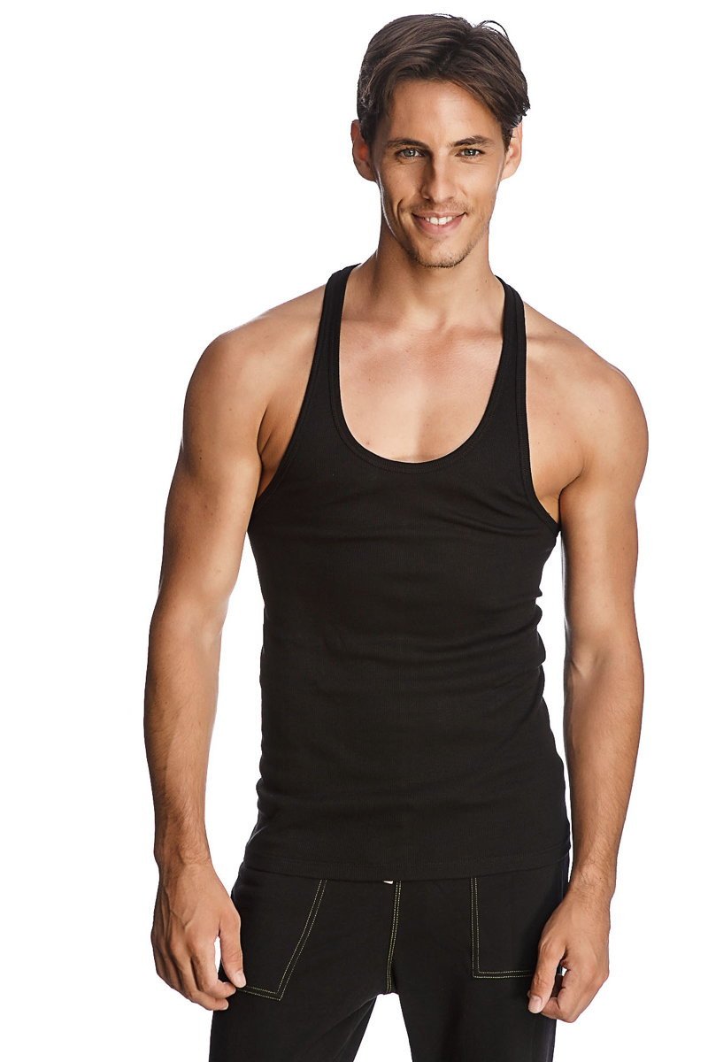 Black sleeveless racer-back yoga tank with scoop neckline and ribbed hem for comfortable workout wear