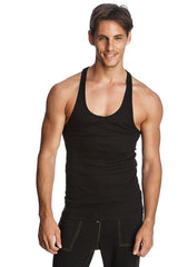 Black sleeveless racer-back yoga tank with scoop neckline and ribbed hem for comfortable workout wear