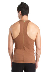 Back view of a chocolate brown racer-back yoga tank top with a central zipper for easy wear and flexible movement
