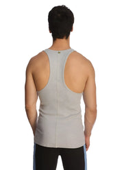 Back view of a gray heathered racer-back yoga tank top with a central seam for comfortable movement