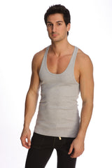 A men’s heather grey racer-back yoga tank top with scoop neckline and thin shoulder straps made from soft fabric