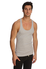 A slim-fit heather gray racer-back yoga tank top with rounded neckline and ribbed trim on armholes