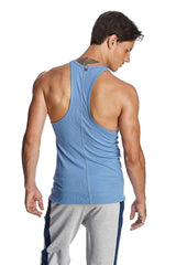 Light blue ribbed cotton tank top with racerback design shown from the back for yoga and activewear use