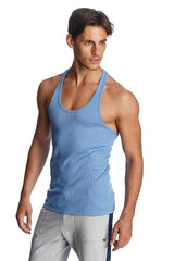 Light blue ribbed cotton racer-back yoga tank top shown from the back with a racerback design and breathable fabric