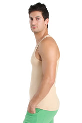 Beige racer-back yoga tank top with fitted cut thin straps sleeveless design for active wear