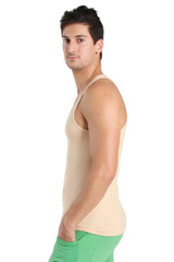 Beige racer-back yoga tank top with fitted cut thin straps sleeveless design for active wear