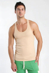 Beige racer-back yoga tank with sleeveless design rounded neckline and fitted silhouette for activewear
