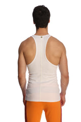 Back view of a white racer-back yoga tank top featuring a central zipper for easy wear and ventilation