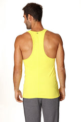 Bright yellow racerback yoga tank top with sleek form-fitting design for comfortable activewear use