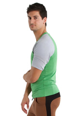 Raglan virtual crew neck t-shirt with bamboo green and grey raglan sleeves made from soft breathable fabric