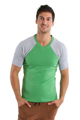 Raglan virtual crew neck bamboo green with grey raglan sleeve v neck t shirt made from soft breathable fabric