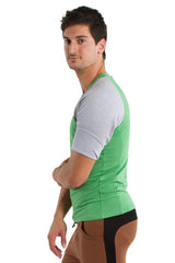 Raglan virtual crew neck t-shirt with bamboo green and grey raglan sleeves made from soft breathable fabric
