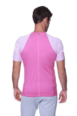 Pink raglan virtual crew neck athletic shirt with light gray and white striped raglan sleeves for activewear