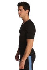 Black raglan virtual crew neck short-sleeved shirt with a sleek form-fitting design for casual wear