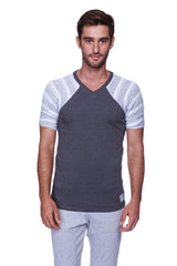 Men’s dark gray v-neck raglan t-shirt with light gray and white striped sleeves charcoal breathable cotton