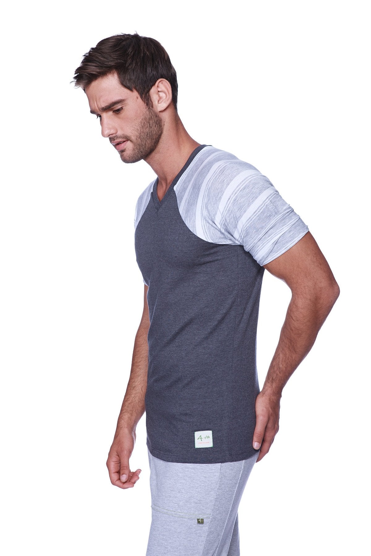 Men’s raglan virtual crew neck charcoal with grey and white stripe short sleeve v-neck t-shirt in dark and light gray