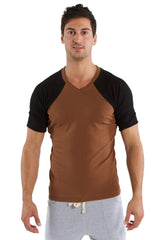 Brown and black raglan sleeve v-neck t-shirt chocolate w black made from soft breathable fabric for casual wear
