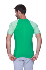 Raglan virtual crew neck t-shirt with green and light green striped raglan sleeves in soft cotton blend fabric