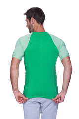 Raglan virtual crew neck t-shirt with green and light green striped raglan sleeves in soft cotton blend fabric