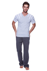 A man wearing a raglan virtual crew neck grey with grey and white stripe light gray v-neck t-shirt with stripes and dark gray pants