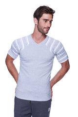 Light gray heathered raglan virtual crew neck t-shirt with white striped sleeves and shoulder panels