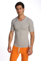 A slim-fit gray v-neck short-sleeve t-shirt with subtle ribbed sleeves called raglan virtual crew neck heather grey