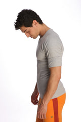 Gray short-sleeved raglan virtual crew neck t-shirt in heather grey with a comfortable crew neckline