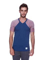 Blue and pink raglan sleeve v neck t shirt with subtle textured sleeves and royal blue red and grey stripe design