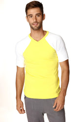 Bright yellow and white raglan sleeve v-neck t-shirt ideal for casual wear in lightweight fabric