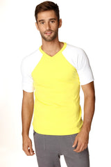 Bright yellow and white raglan sleeve v-neck t-shirt ideal for casual wear in lightweight fabric
