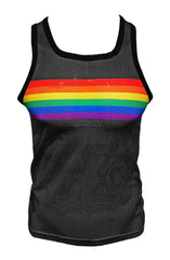 Black mesh tank top with a vibrant rainbow chest stripe for stylish breathable summer wear