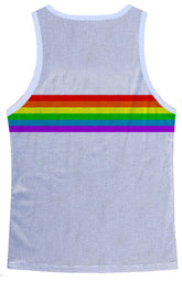 White mesh tank top with a bold rainbow chest stripe perfect for casual summer wear
