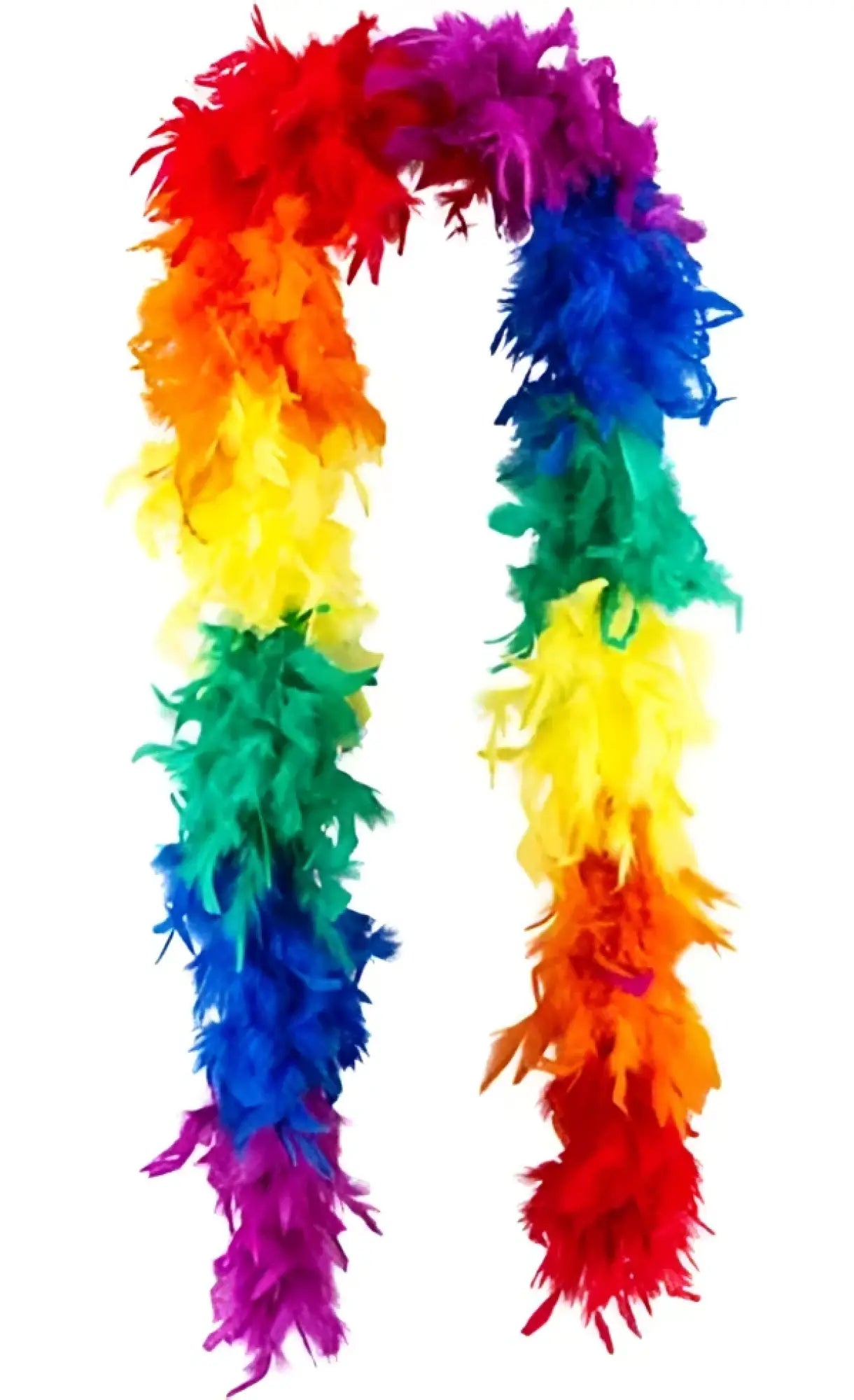 A vibrant rainbow feather boa with soft fluffy feathers arranged in a gradient from red to purple