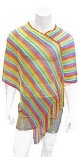Rainbow glitter poncho knitted with rainbow stripes and fringe detailing for stylish layered warmth