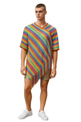 Rainbow glitter poncho knitted with rainbow stripes and fringe hem featuring short sleeves for stylish layering