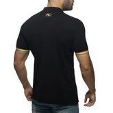 Black rainbow polo shirt showing the back side with rainbow-striped cuffs and a small colorful logo on the collar