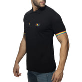Black rainbow polo shirt with rainbow-striped cuffs and a small colorful logo on the chest