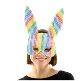 A sparkling rainbow rhinestone bunny mask with vertical sequin and rhinestone stripes for festive wear