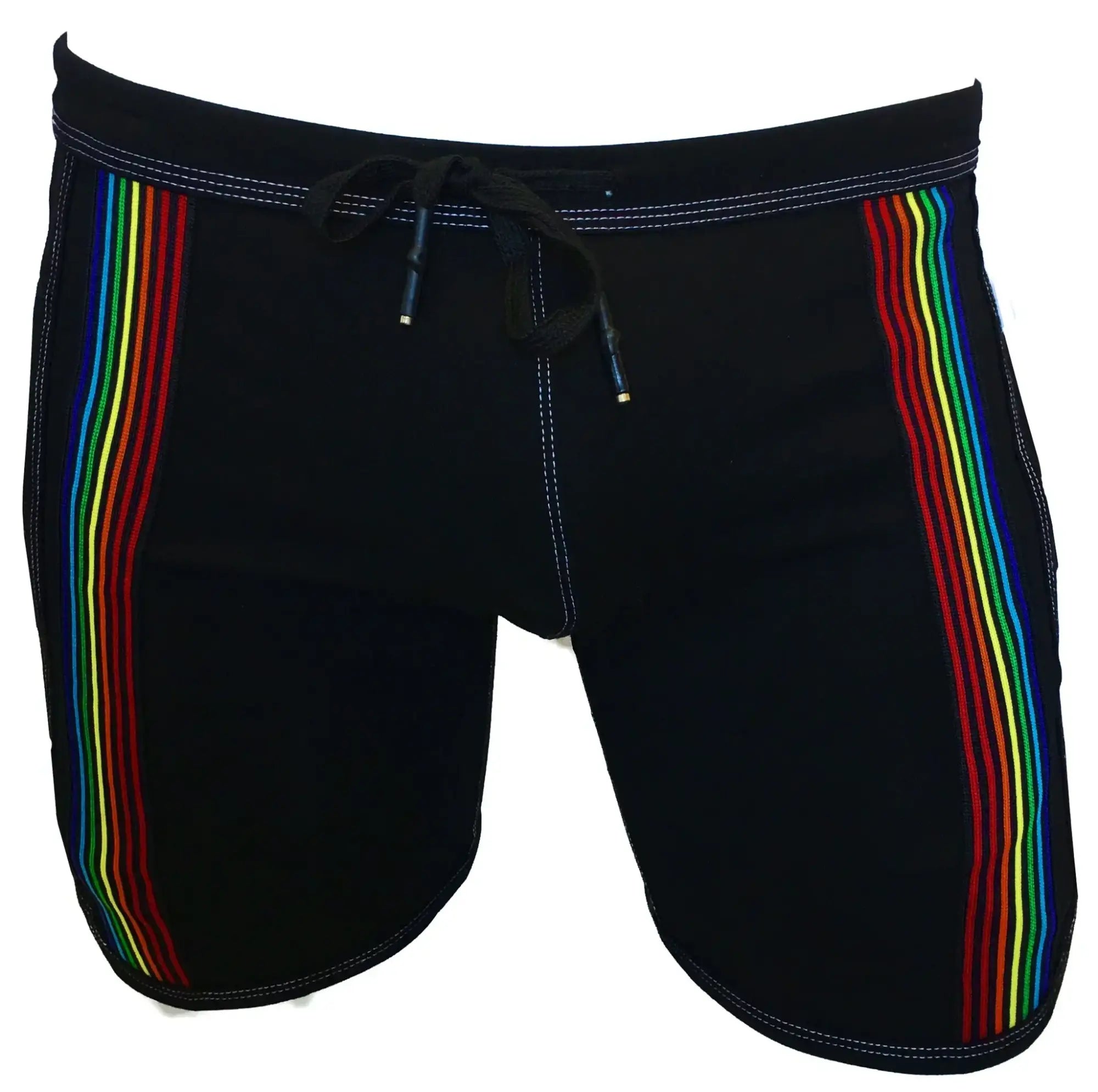 Black swim trunks featuring vibrant rainbow stripes down each side perfect for casual beachwear