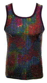 A shimmering rainbow sequined tank top with black trim perfect for festive or casual wear