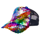 A vibrant rainbow sequin trucker cap with a black mesh back perfect for casual outdoor wear