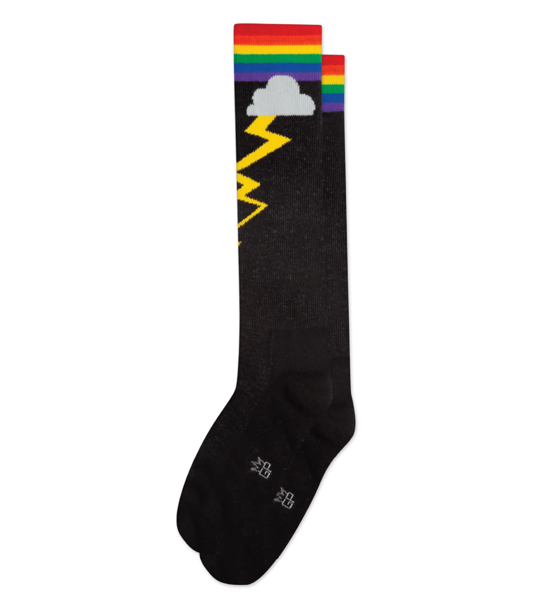 Black knee high socks with a vibrant rainbow stripe top, white cloud, and yellow lightning bolt design named rainbow storm socks