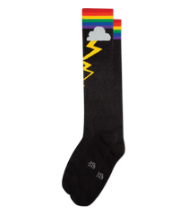Black knee high socks with a vibrant rainbow stripe top, white cloud, and yellow lightning bolt design named rainbow storm socks