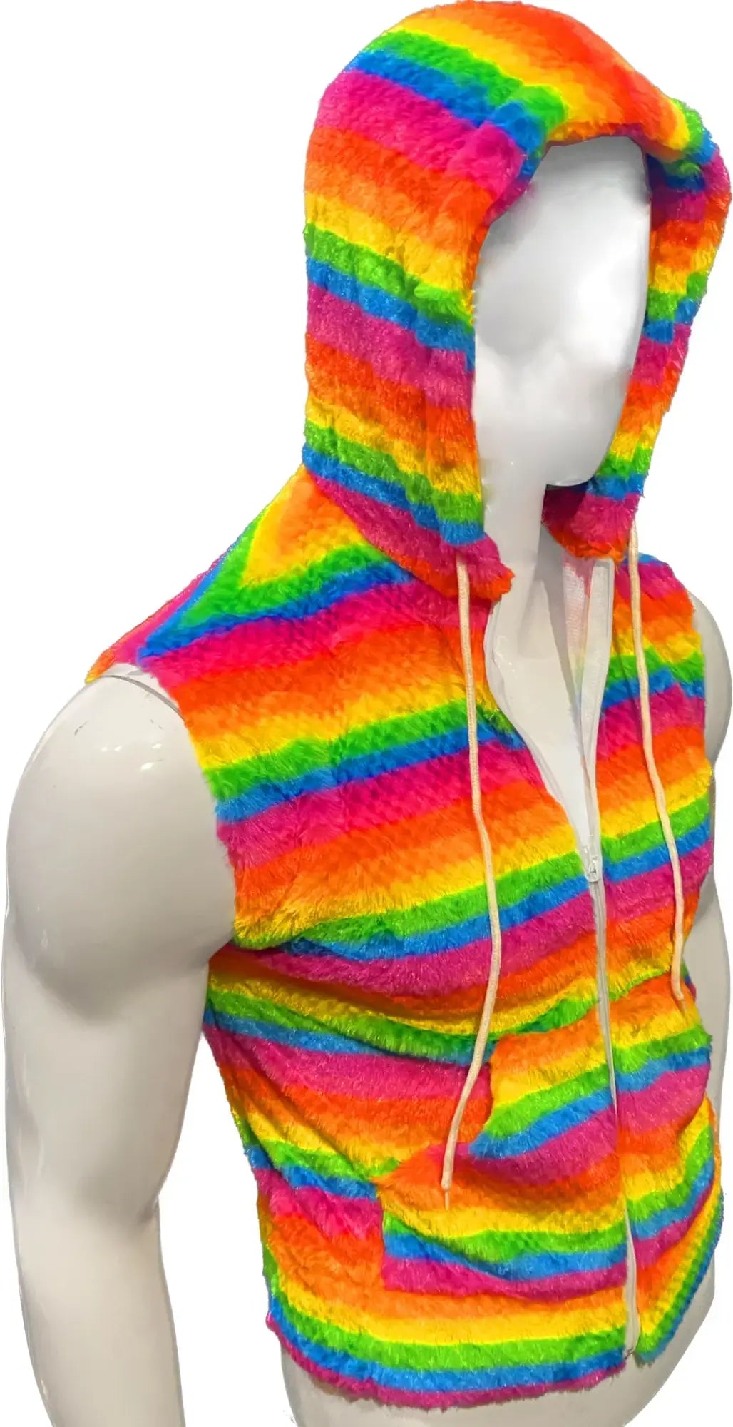 Rainbow stripe faux fur hoodie vest with zip front, drawstrings, and fuzzy rainbow striped fabric