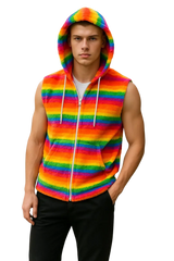 Rainbow stripe faux fur hoodie is a rainbow-striped plush sleeveless hoodie with a matching hood and white drawstrings